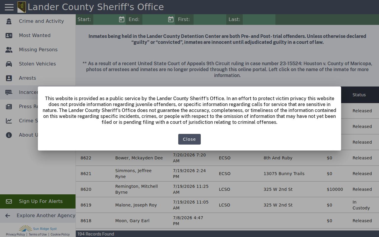 Lander County arrest records in the Citizen RIMS incarcerated people search