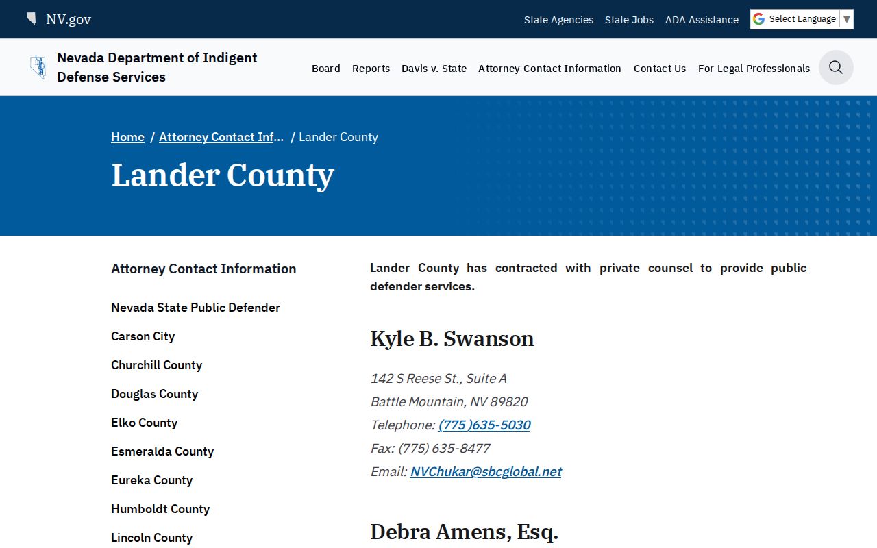 Lander County indigent defense listing tied to criminal court case files
