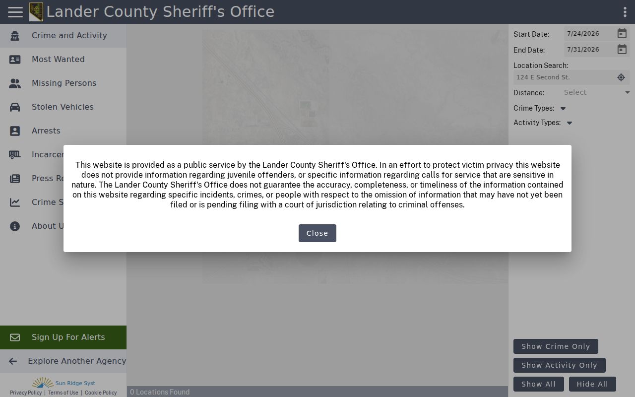 Lander County criminal history Citizen RIMS dashboard
