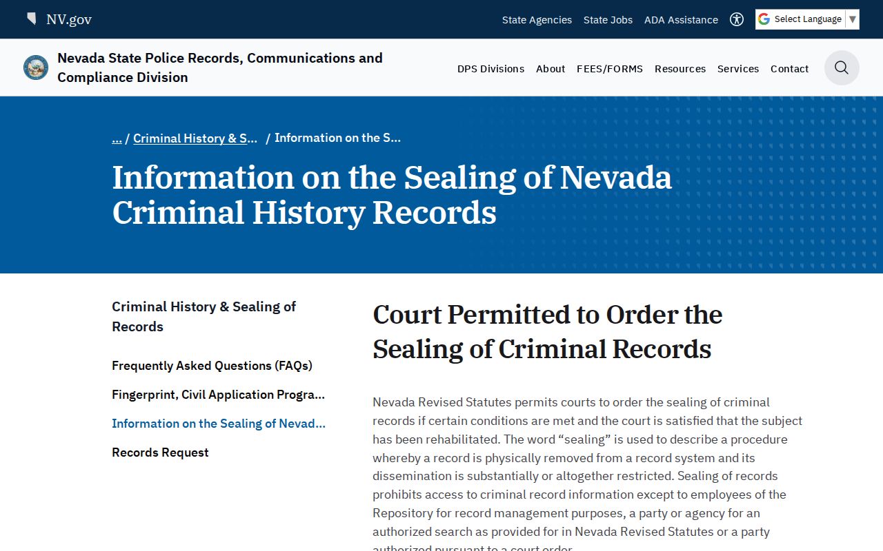 Lander County criminal history Nevada record sealing guidance