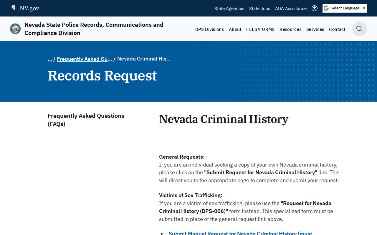Lander County criminal history Nevada personal record request page